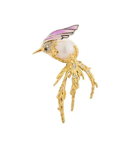 Broche oiseau en argent sterling 925 avec perle et &eacute;mail (C00508)