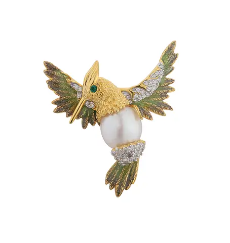 Broche oiseau en argent sterling 925 avec perle et &eacute;mail (C00594)