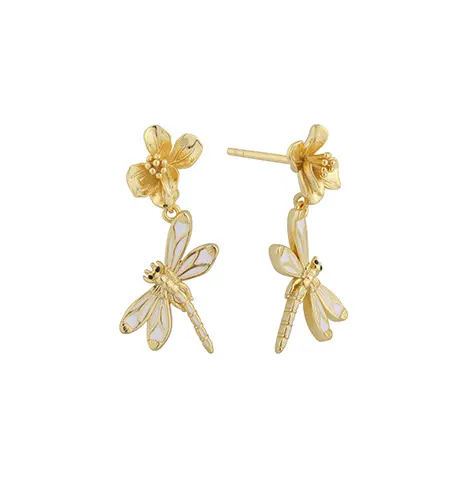 Boucles d'oreilles libellule et fleur en argent sterling 925 &eacute;maill&eacute; PLE08080