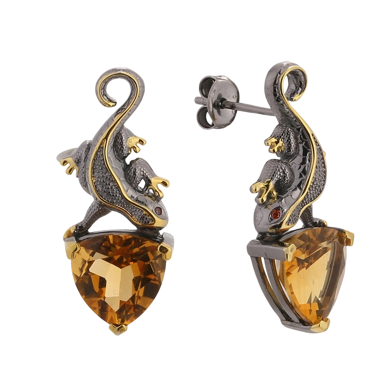 Boucles d'oreilles artisanales en argent sterling 925 et zirconiums cubiques, motif l&eacute;zard, r&eacute;f&eacute;rence YE03586