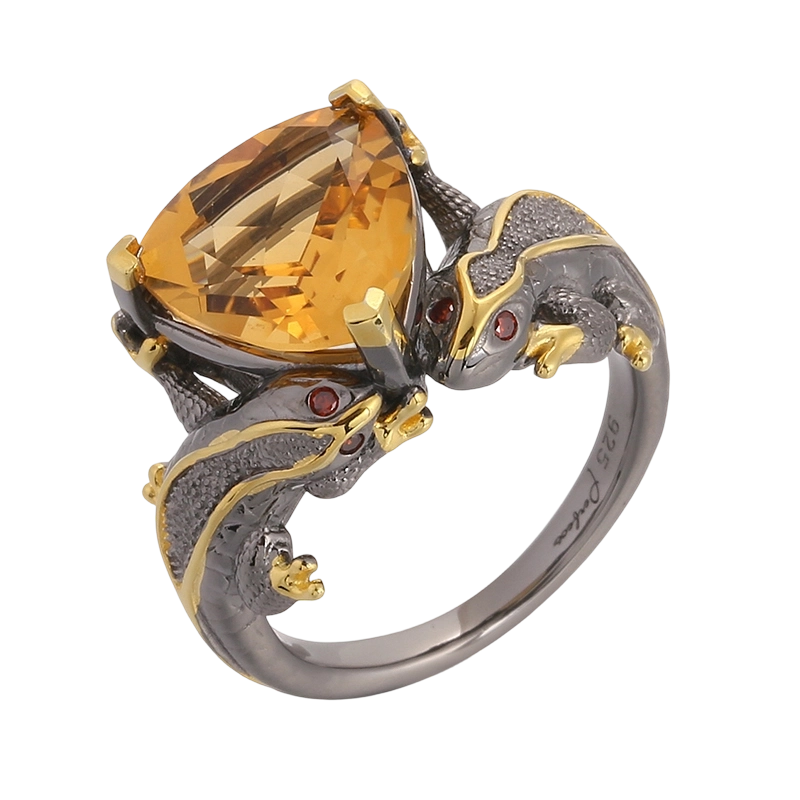 Bague artisanale en argent sterling 925 avec zirconiums cubiques et motif l&eacute;zard critine (YR03586).