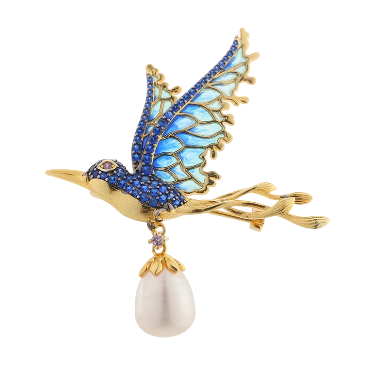 Broche oiseau en argent sterling 925 avec perle et &eacute;mail (C00494)