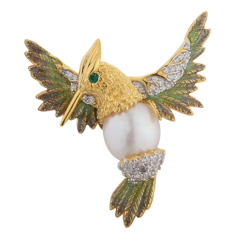 Broche oiseau en argent sterling 925 avec perle et &eacute;mail (C00594)