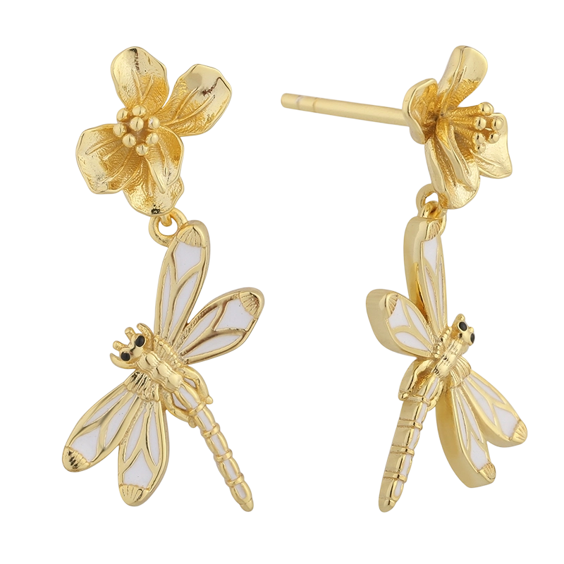 Boucles d'oreilles libellule et fleur en argent sterling 925 émaillé PLE08080