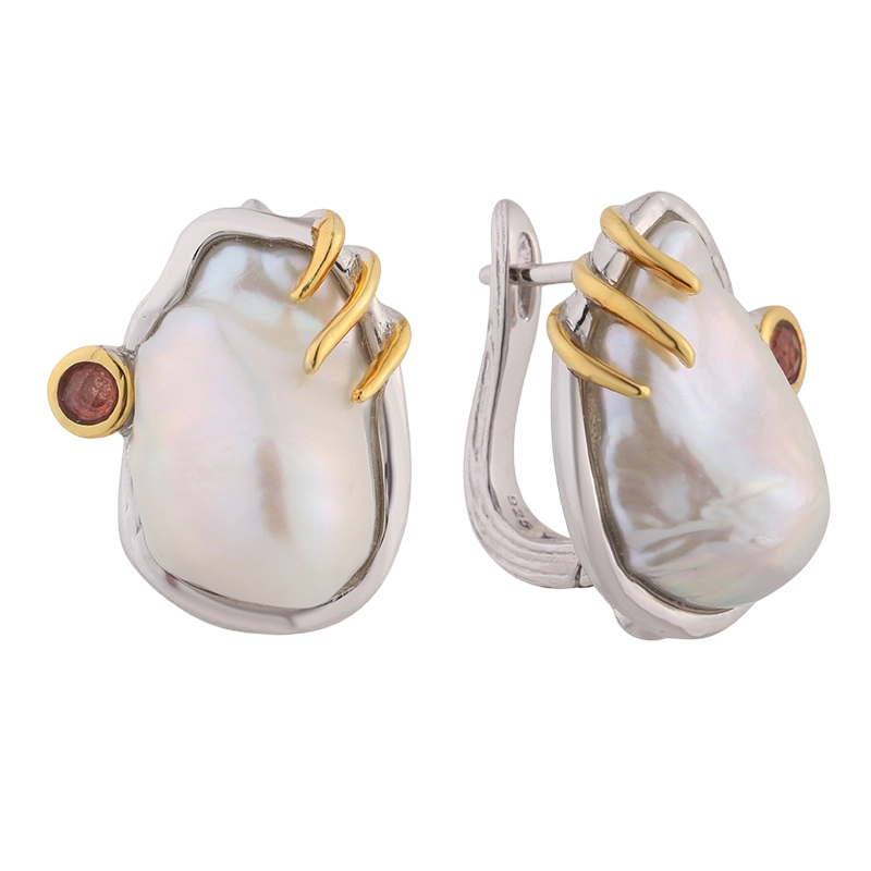 Boucles d'oreilles en argent sterling 925 et perle baroque en grenat (YE03283)